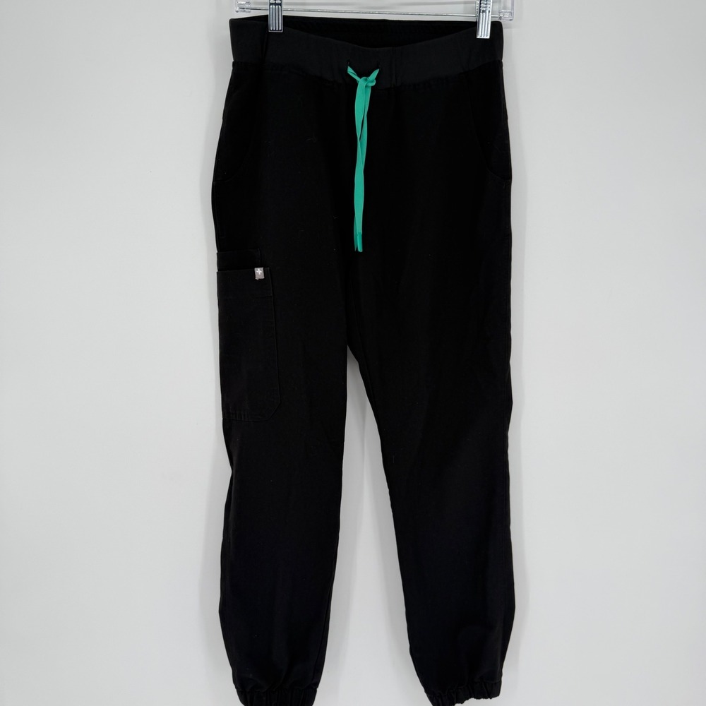 FIGS Technical Collection Zamora Jogger Scrub Pants Black Teal Drawstring Small